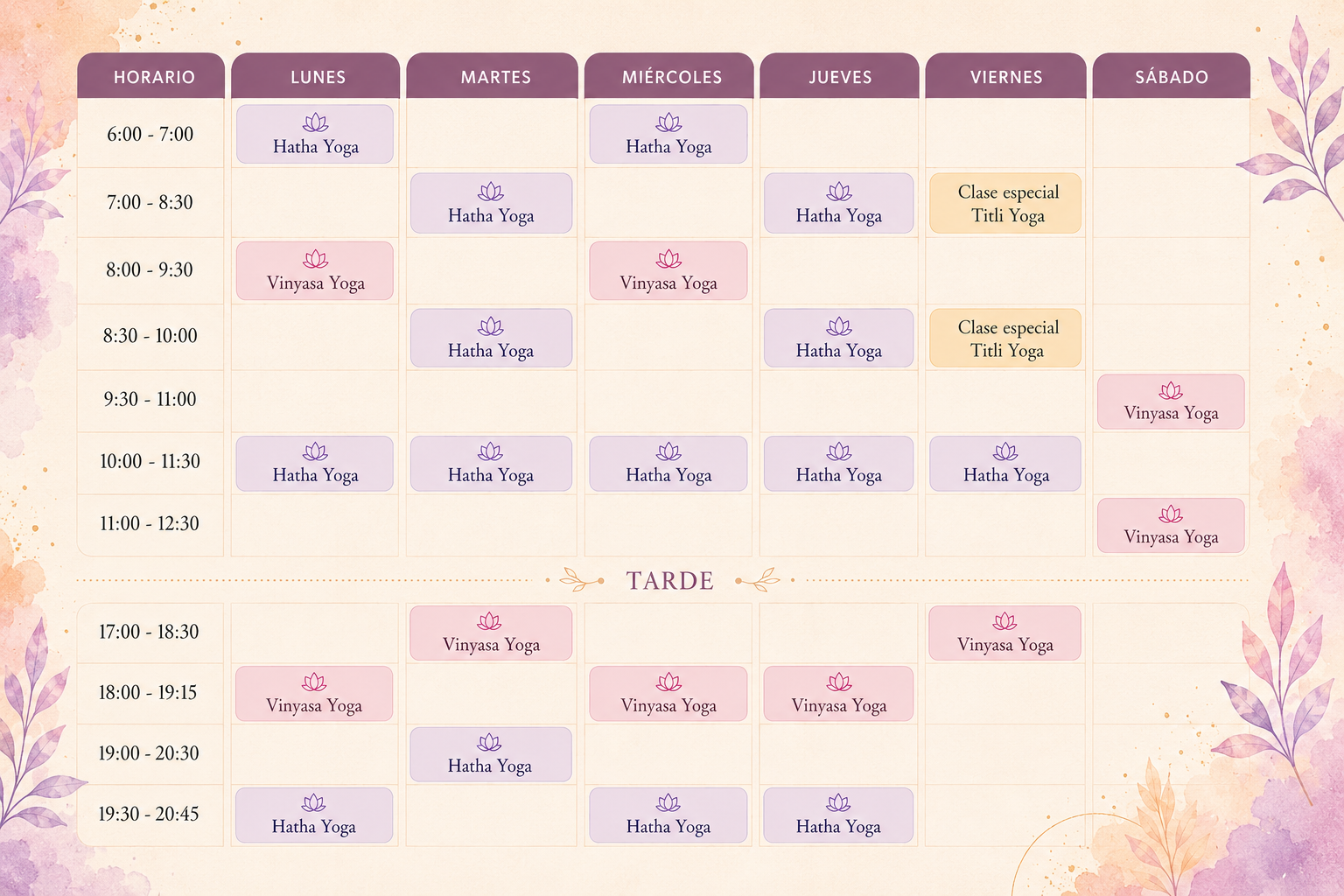 Horario de clases de yoga en una cartelera. Incluye clases de Hatha Yoga, Vinyasa Yoga y clases especiales Titli Yoga durante la semana en horarios matutinos y vespertinos.