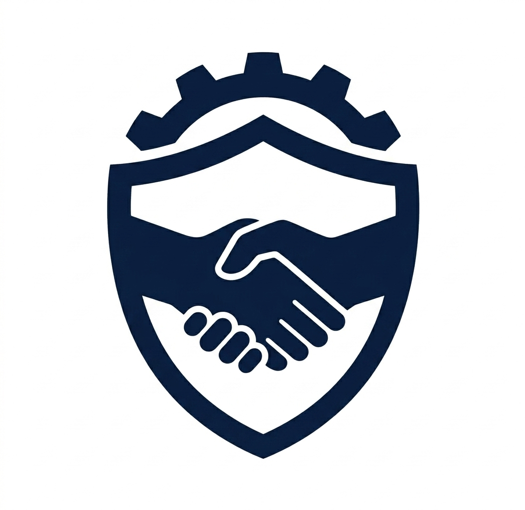 A shield with a gear at the top and a handshake in the center, symbolizing protection and cooperation.