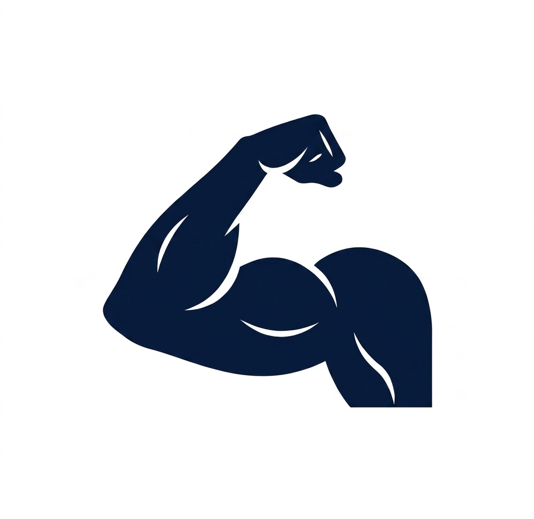 Illustration of a muscular arm flexing, depicted in a simplified, stylized manner in dark blue.