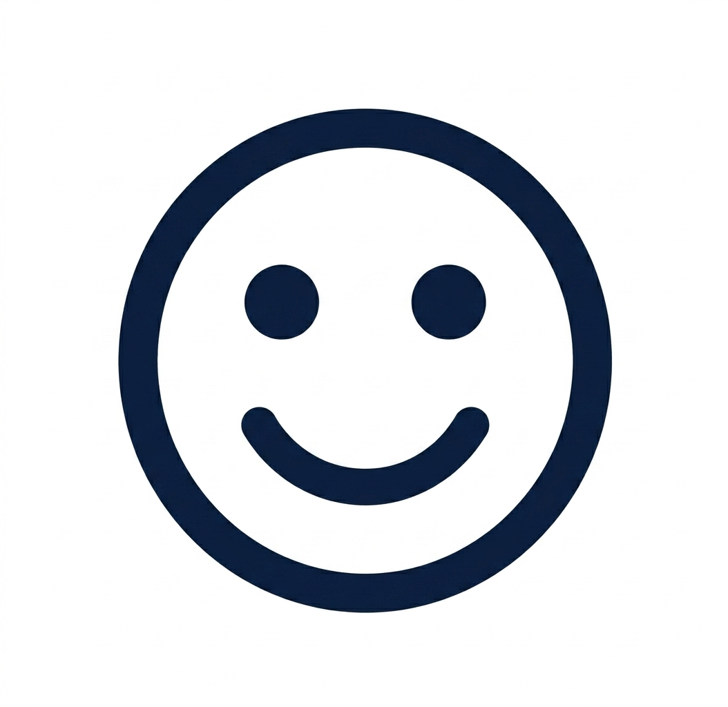 A navy blue smiley face icon on a white background with a circular outline, two dots for eyes, and a curved line for a smile.