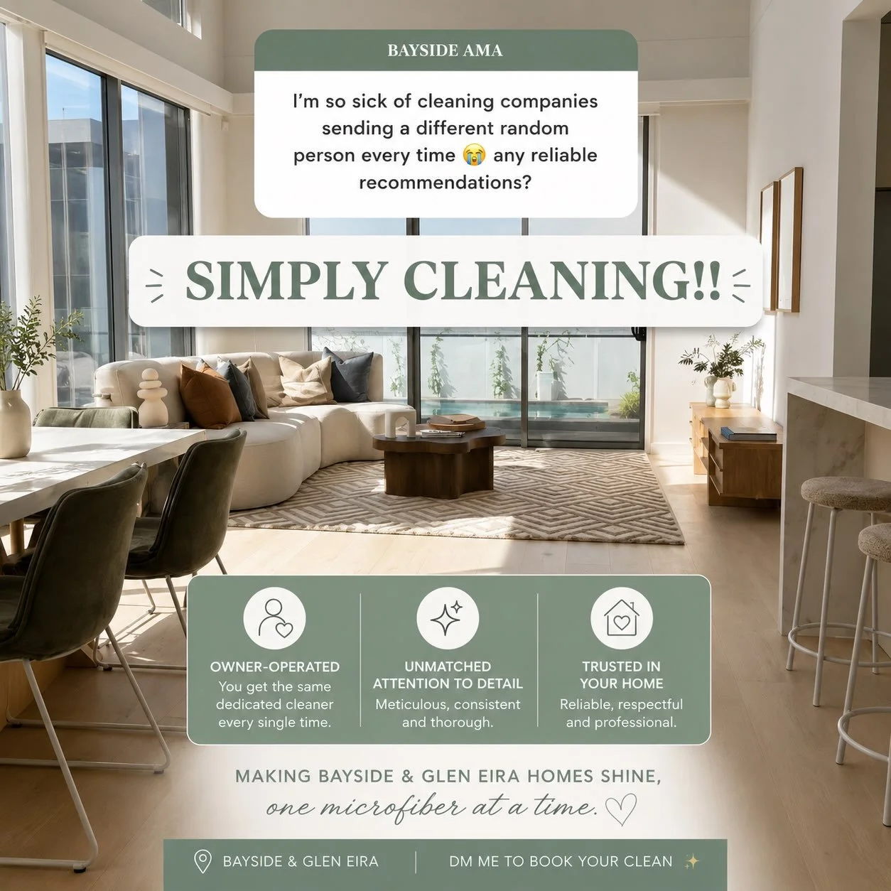 This comes up all the time&hellip;

&ldquo;I hate never knowing who&rsquo;s coming to clean my house.&rdquo;

I get it.

That&rsquo;s why I run Simply Cleaning differently. I&rsquo;m owner-operated, so every clean is completed by me. You know exactly