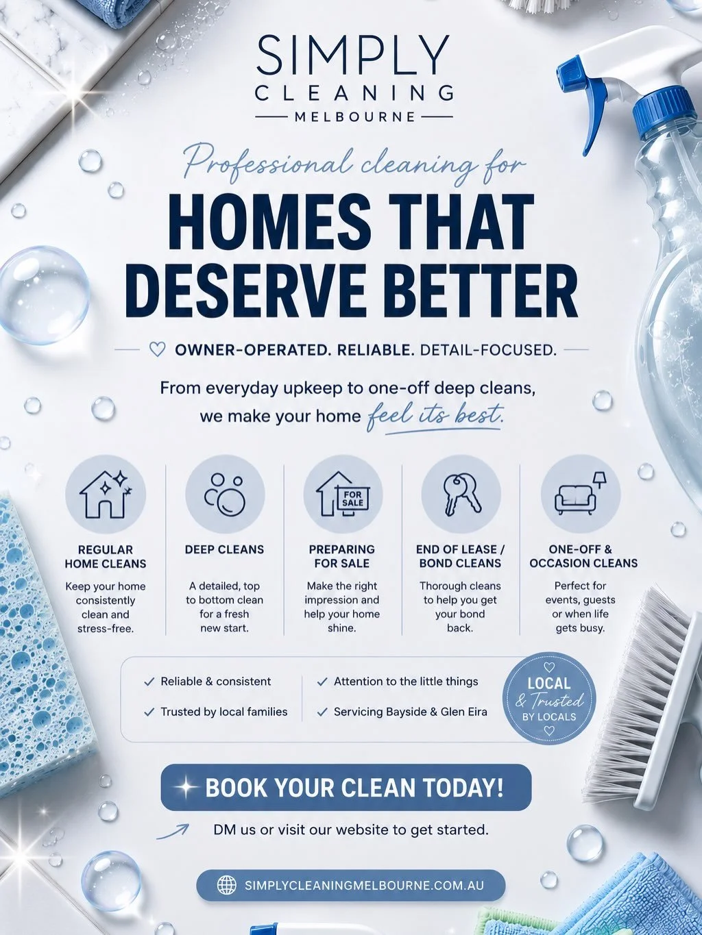 Whether it&rsquo;s a regular clean, deep clean, or getting your home ready for sale, we&rsquo;ve got you covered.

Servicing Bayside, Glen Eira, Port Phillip and surrounding suburbs.

Send us a DM for a free quote and let us make your home shine. 🧼
