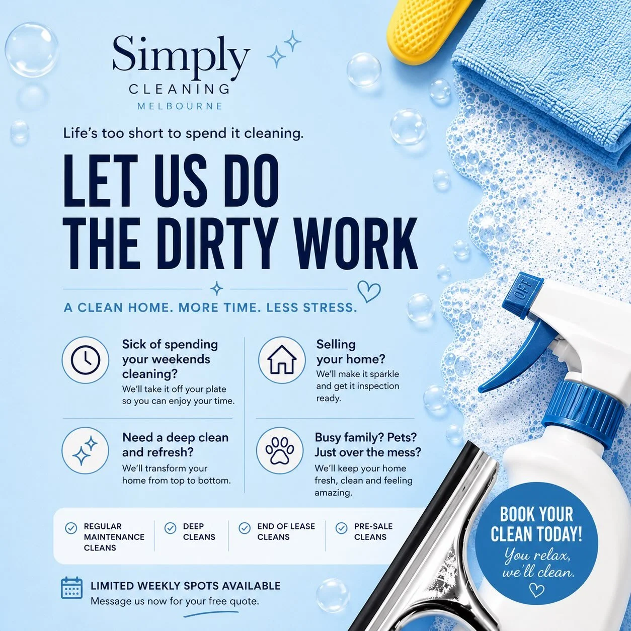 A clean home isn&rsquo;t a luxury. It&rsquo;s peace of mind. ✨

Imagine coming home to sparkling benches, fresh floors and a space that feels calm, without lifting a finger.

That&rsquo;s what we do.

✔️ Regular maintenance cleans
✔️ Deep cleans
✔️ E