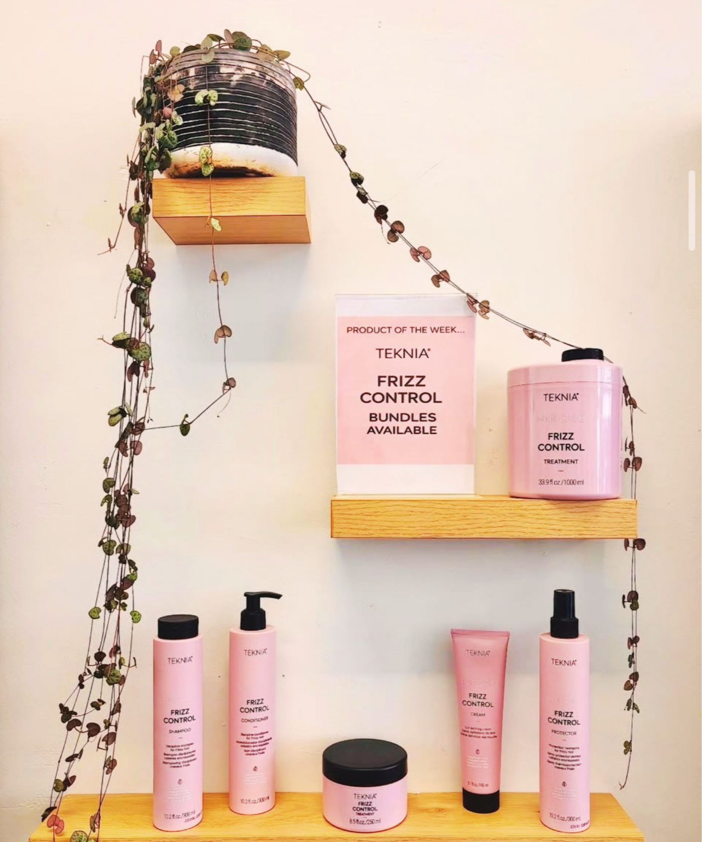 Display of Teknia Frizz Control hair care products on wooden shelves, including shampoo, conditioner, cream, protector, and treatment, with a pink sign indicating availability of bundles.