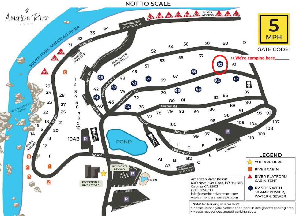A detailed campground map of the American River Resort showing river access, RV sites, camping areas, a pond, and amenities like a pool and store. It indicates the user's location, camping spots, and speed limit of 5 MPH.