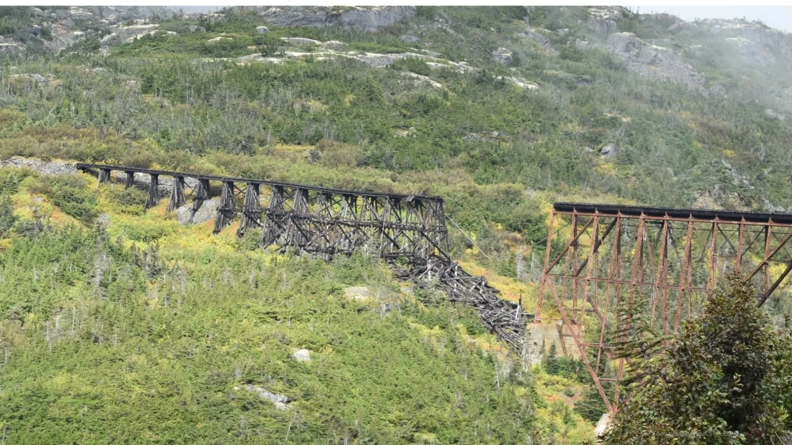 A damaged old railway trestle bridge over a forested mountain landscape.