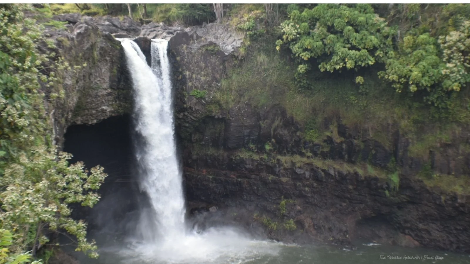 A waterfall flowing over dark rocks into a river, surrounded by lush green trees and plants.