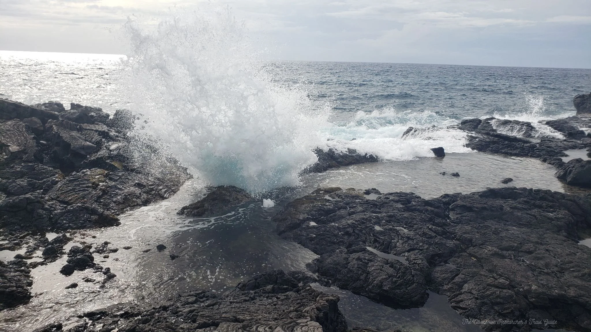 Waves crashing against black rocks on a gray, cloudy sky ocean shoreline.