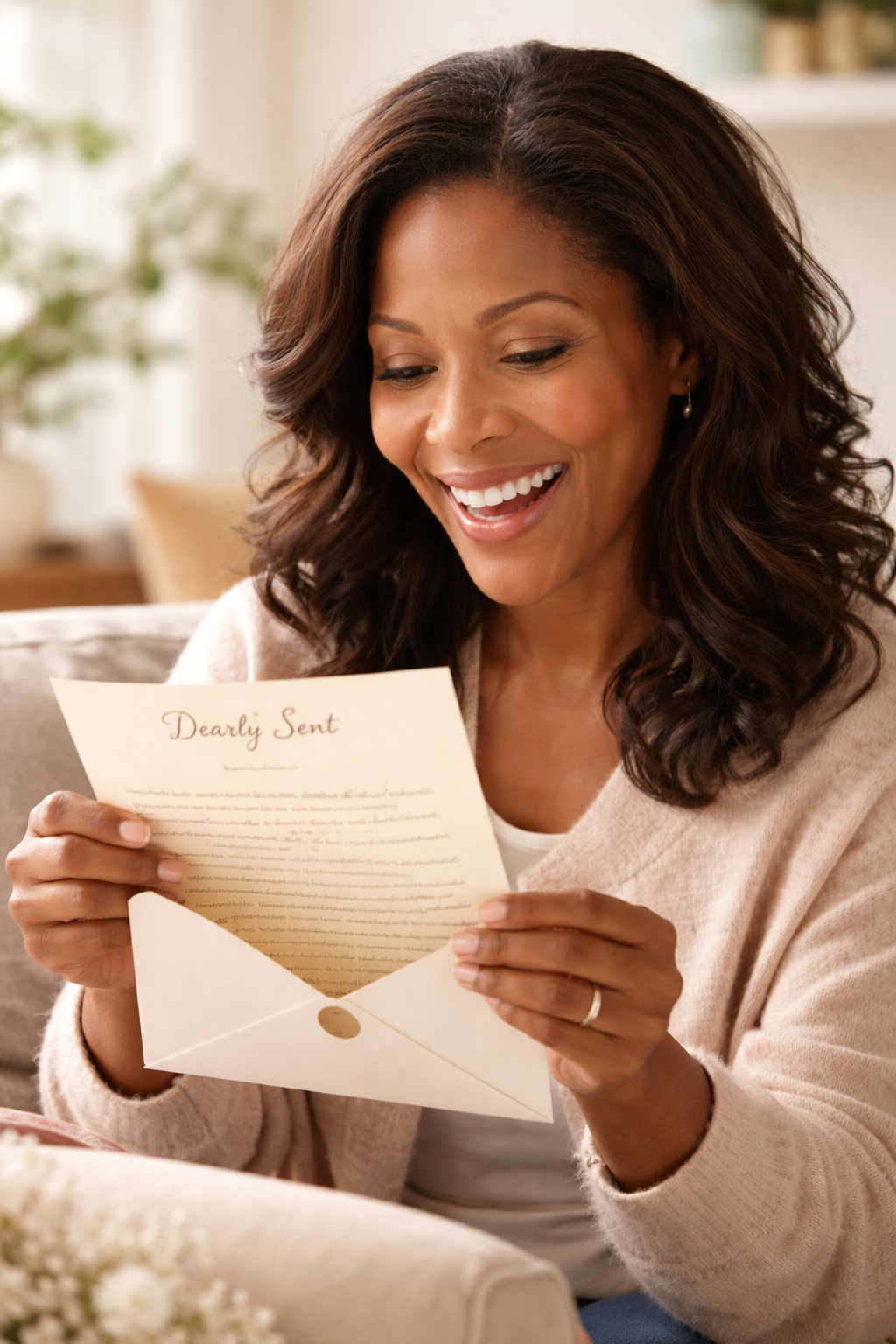 A woman with brown curly hair reading a letter titled 'Dearly Sent' and smiling.