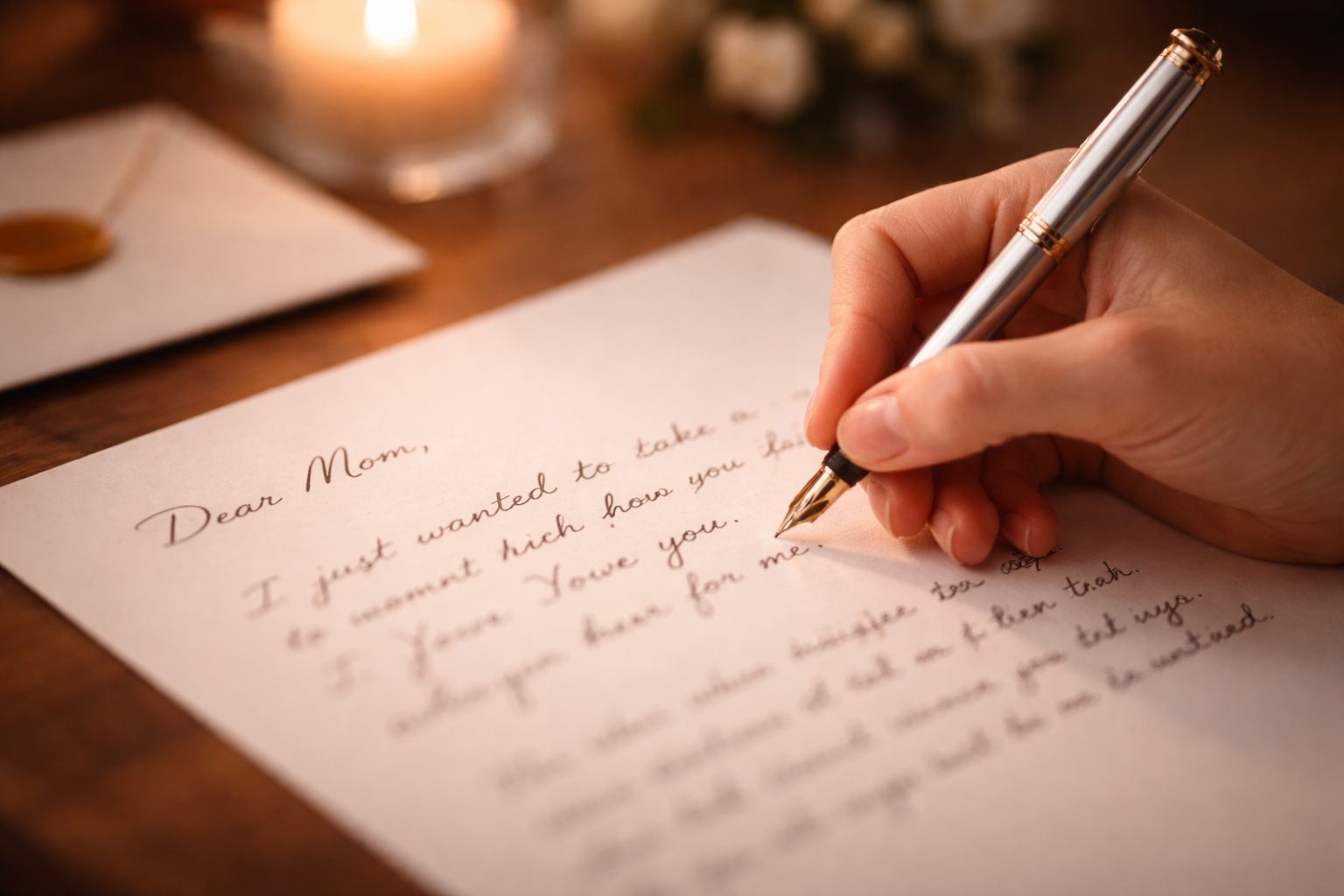 Handwriting a heartfelt letter to mom on lined paper, with a silver pen, on a wooden table.