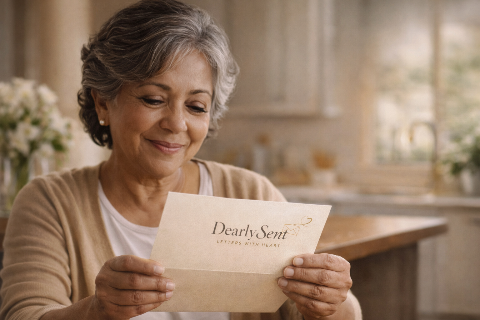 An elderly woman with short gray hair looking at a letter with the text 'Dearly Sent, Letters with Heart'. She is smiling and sitting in a cozy kitchen near a window with a blurred background of flowers.
