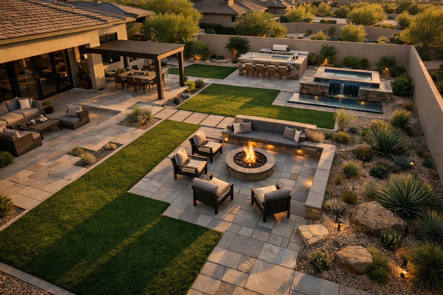 A modern backyard with a stone patio.
