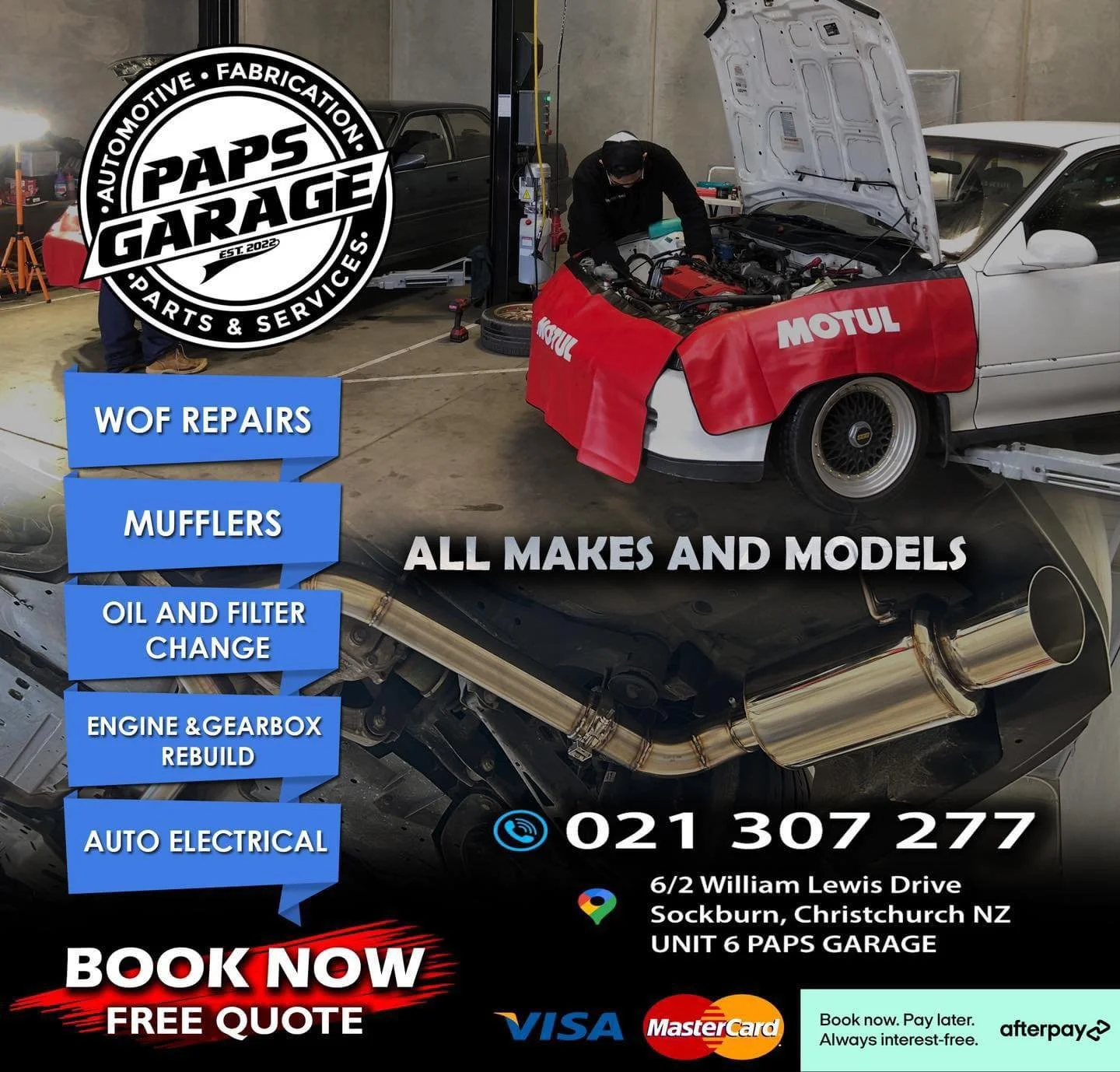 Advertisement for PAPS GARAGE, an automotive repair shop. Features a mechanic working under a car with its hood open, and another car in the background. Text highlights services such as WOF repairs, mufflers, oil and filter change, engine and gearbox rebuild, auto electrical, and more. Includes contact number, address in Sockburn, Christchurch, NZ, and payment options like Visa, MasterCard, and Afterpay.