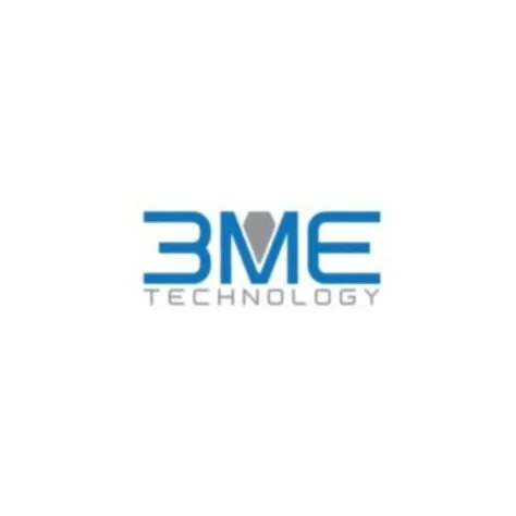 BME Technology logo with blue text and a gray triangular shape in the middle of the "M".