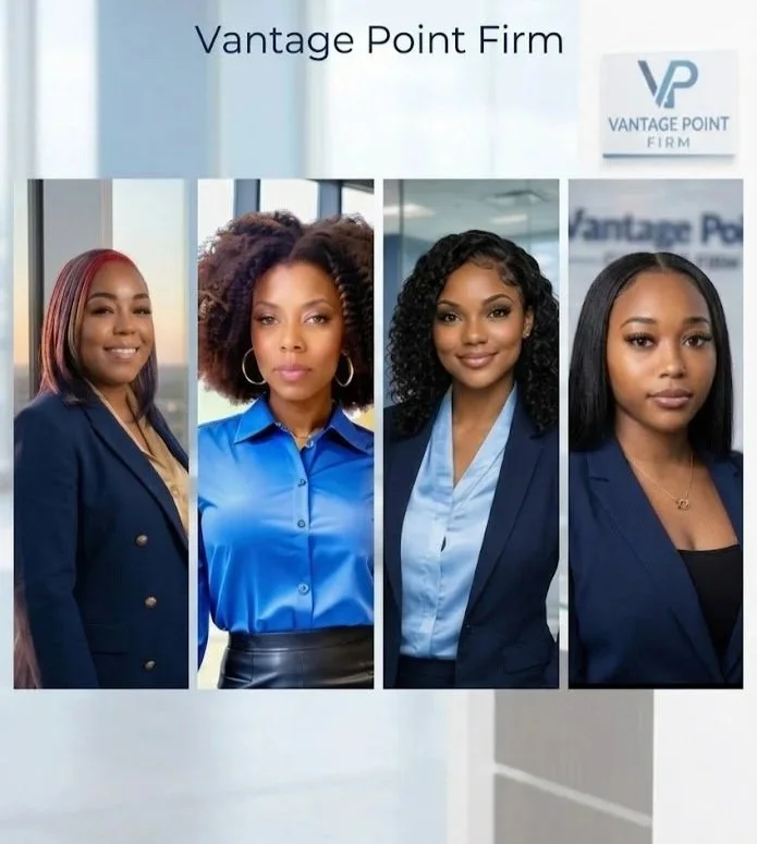 Four women in professional attire standing in front of a sign that reads 'Vantage Point Firm' with the logo visible.