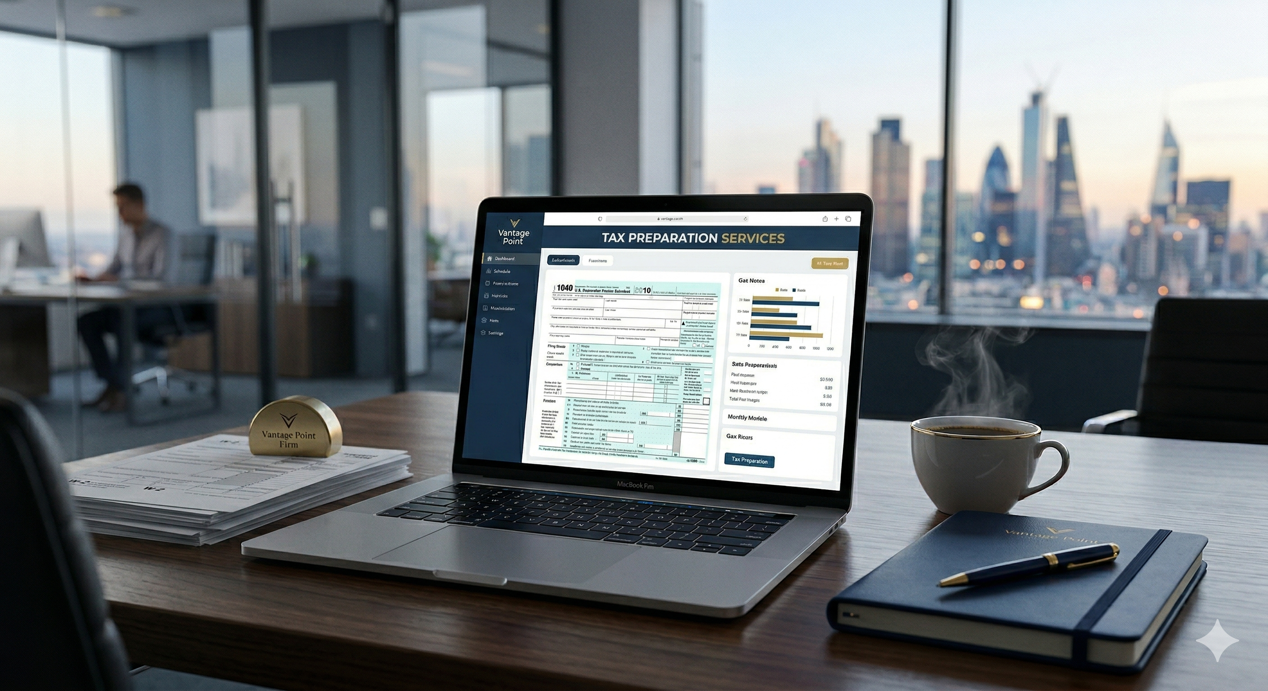 Office desk with laptop displaying tax preparation services, a steaming cup of coffee, a pen on a notebook, and a stack of papers with a Vantage Point firm paperweight, in a modern office with city skyline view.