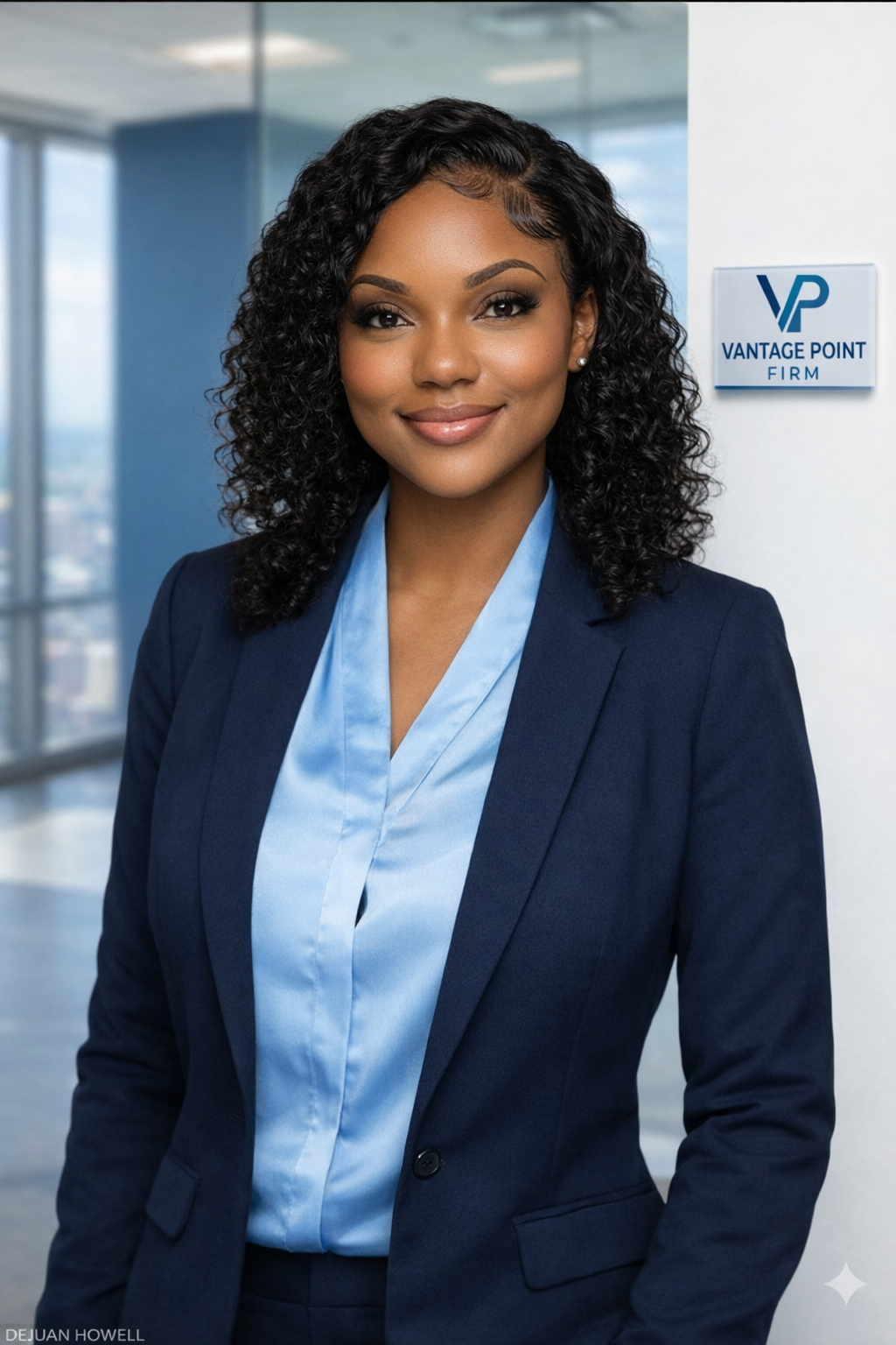 A professional woman with curly black hair, wearing a navy blazer and light blue blouse, standing in an office with a city view. There is a sign on the wall that reads 'Vantage Point Firm' with the logo 'VP'.