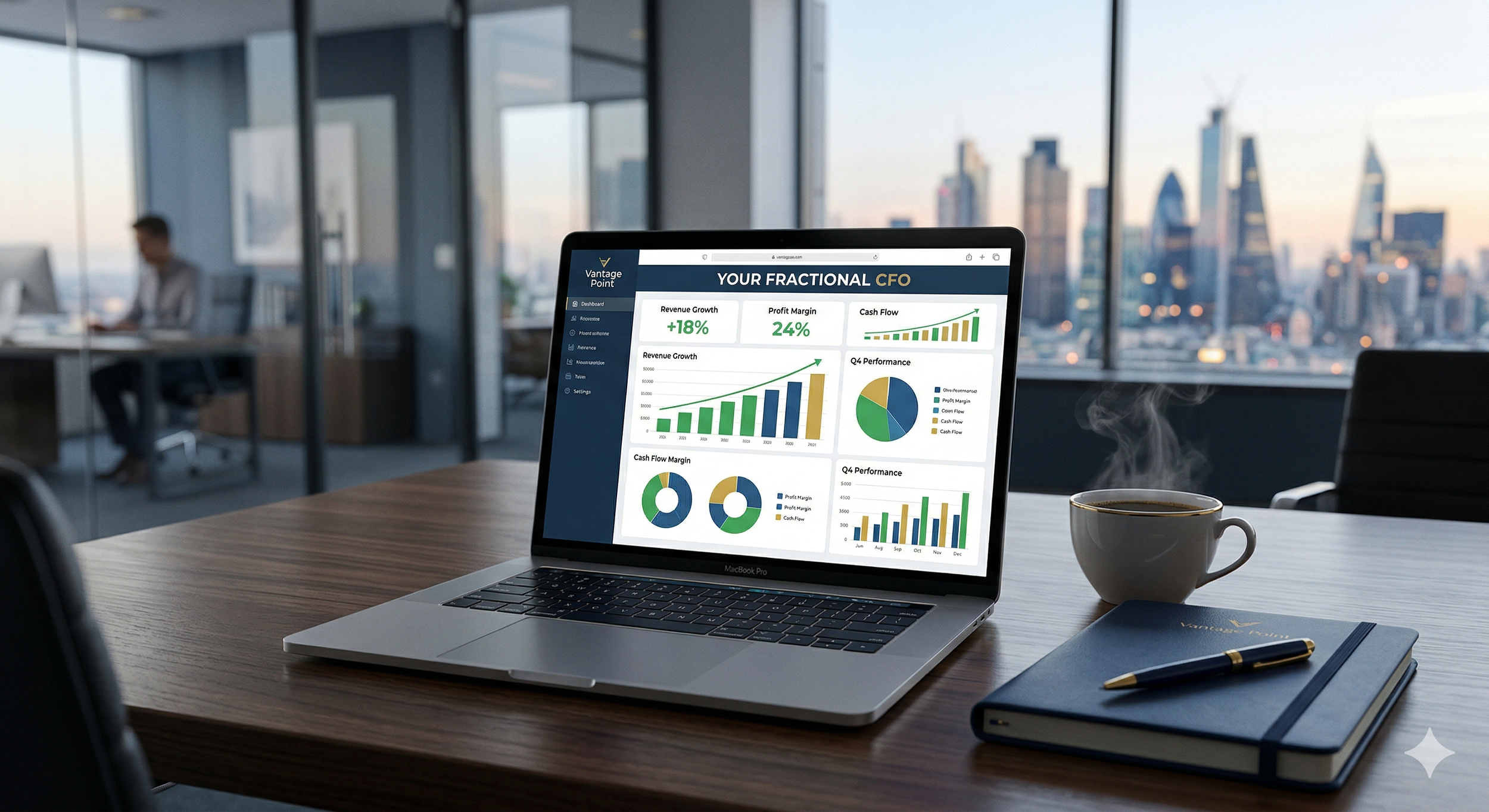 A laptop on a wooden conference table displays financial graphs and data, next to a steaming cup of coffee, a closed notebook with a pen, in a modern office with large windows showing a city skyline.