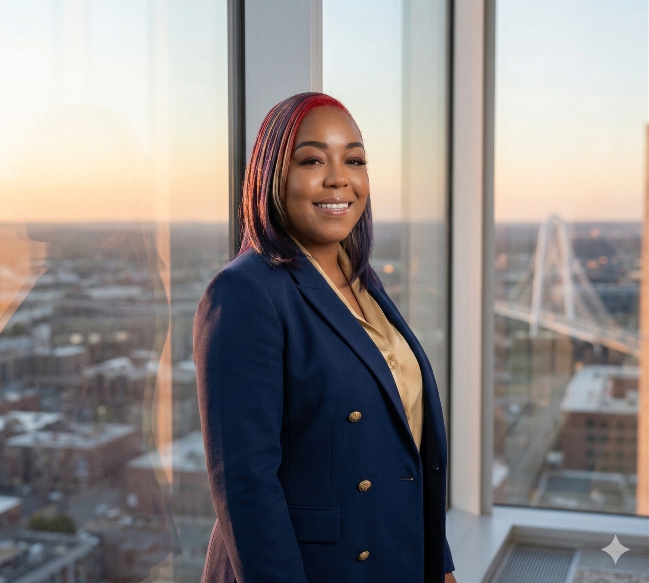 A woman in a navy blue blazer and tan top standing by a large window with a cityscape in the background during sunset.