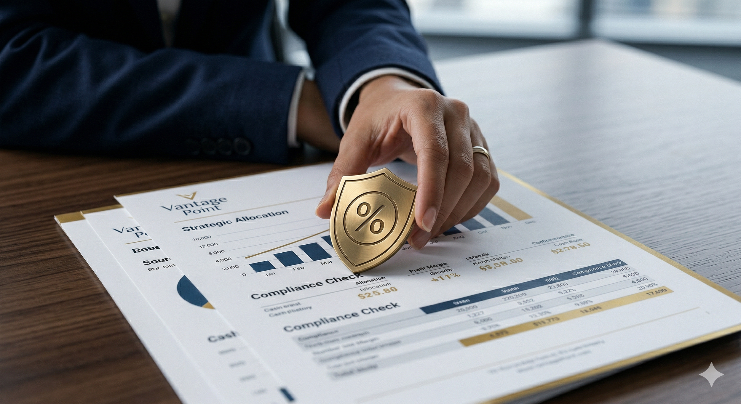 A person in a business suit places a gold shield with a percentage symbol on financial documents with graphs and charts on a wooden table.
