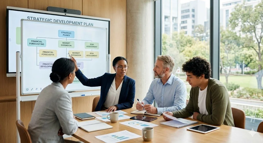 Four professionals in a business meeting discussing a strategic development plan displayed on a large screen.