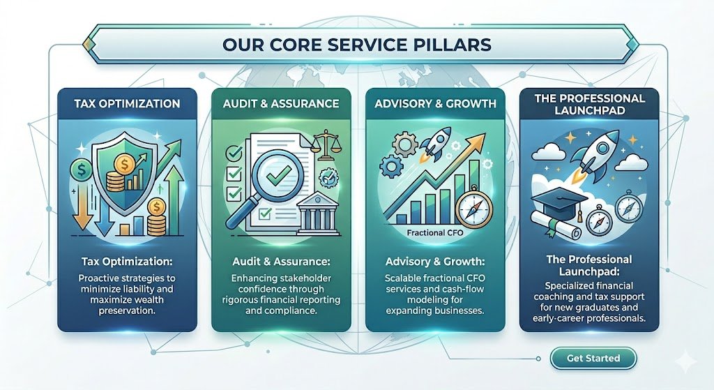 A digital infographic titled 'Our Core Service Pillars' displaying four pillars: Tax Optimization, Audit & Assurance, Advisory & Growth, and The Professional Launchpad, with icons and descriptions for each service.