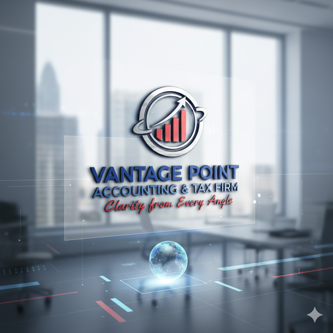 Logo for Vantage Point Accounting & Tax Firm featuring a rising bar graph with an arrow encircling it, in a modern office setting with a holographic globe and futuristic graphics.
