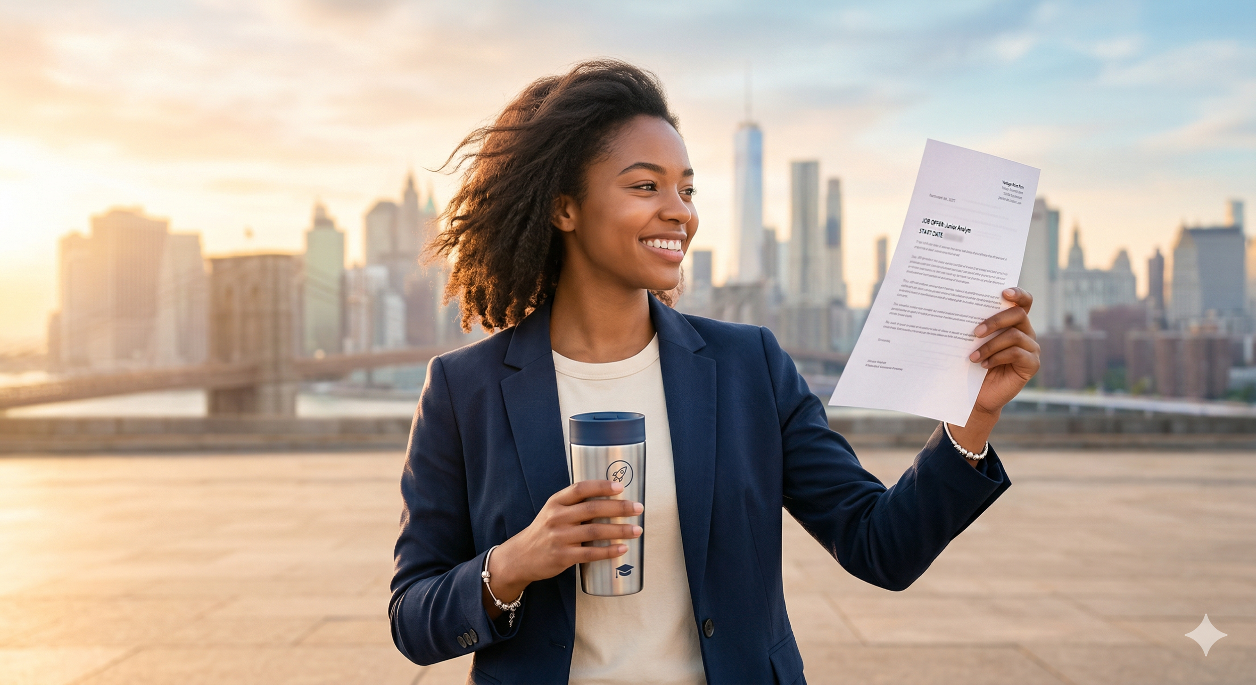 A smiling woman in a navy blazer holding a document and a stainless steel travel mug with a city skyline and a bridge in the background during sunset.