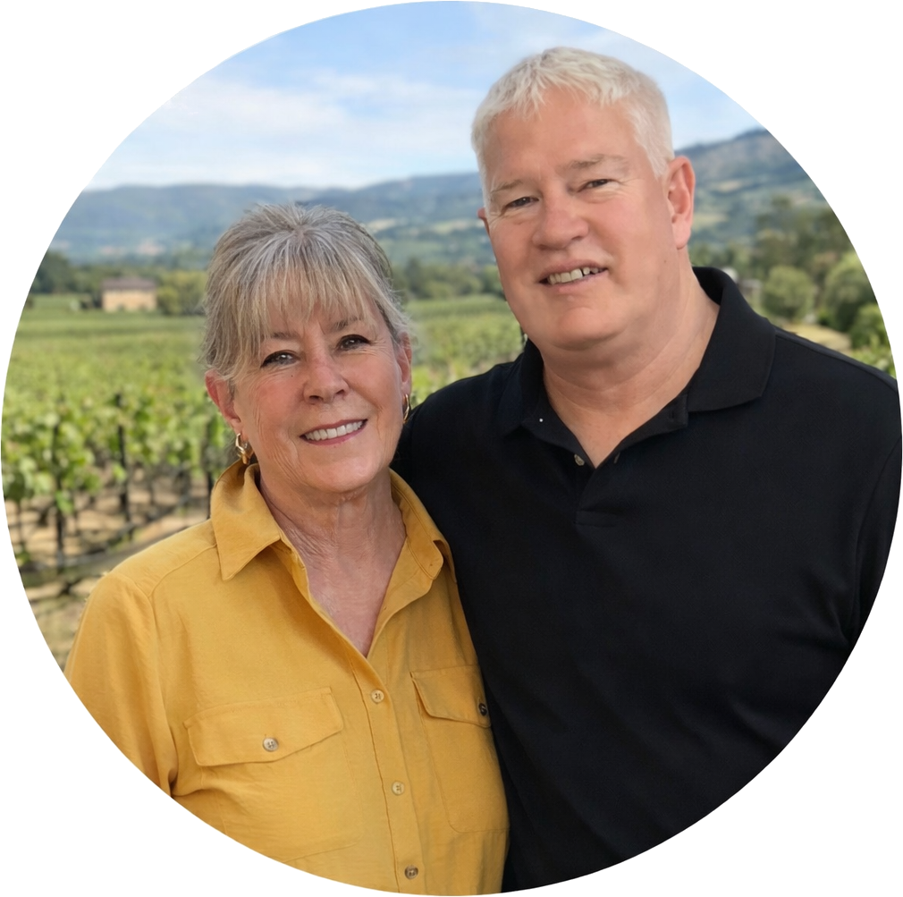 Kat and Chris Hansen, standing together outdoors with a vineyard and rolling hills in the background.