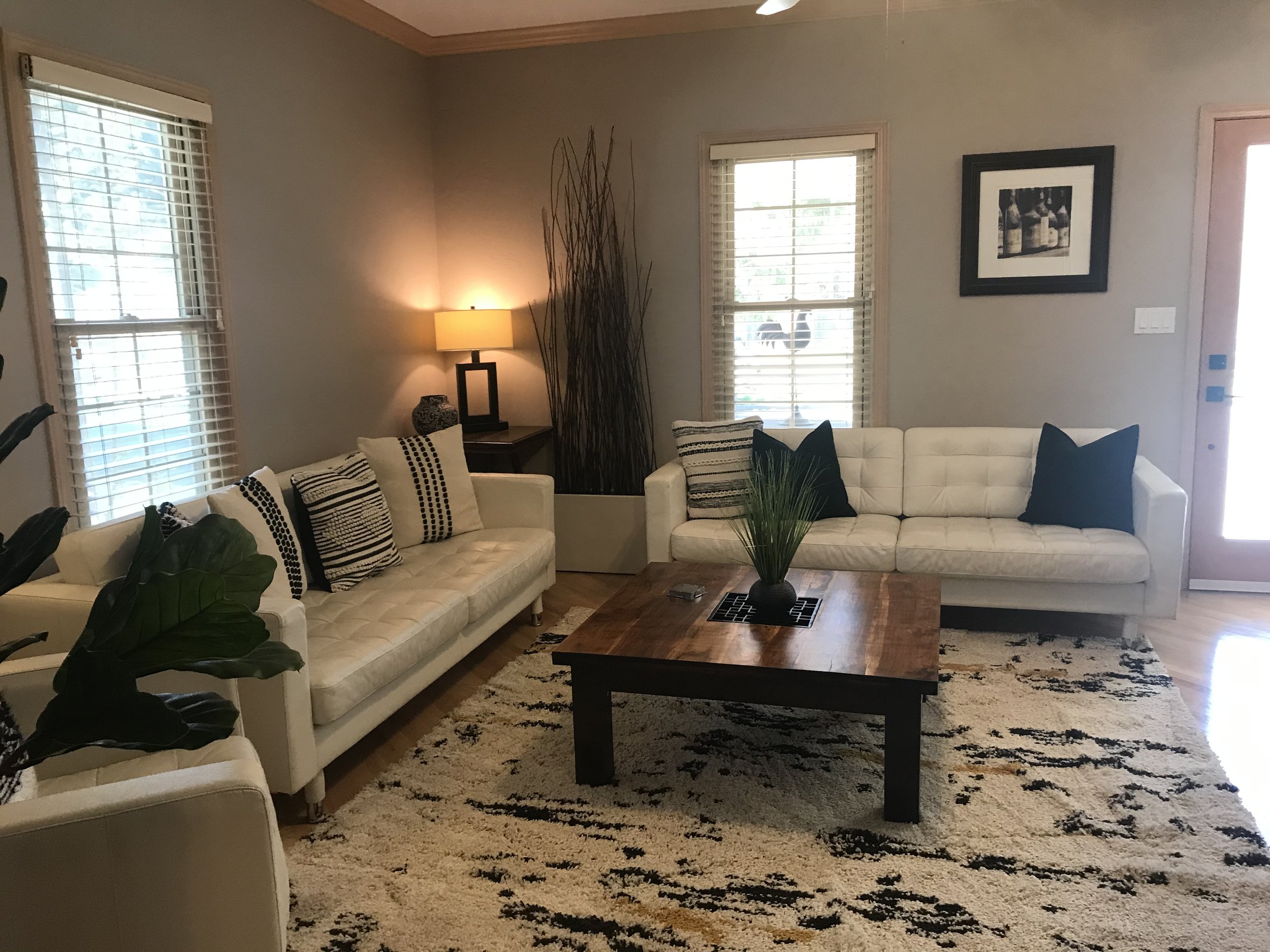 Living room with two white sofas, black and white cushions, a wooden coffee table with a green plant, a patterned rug, a side table with a lamp, and windows with white blinds.