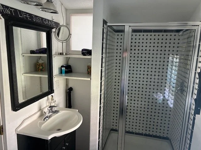 Small bathroom with a corner vanity sink, a black framed mirror, open white shelves, and a glass shower with a metal frame and diamond pattern tiles.