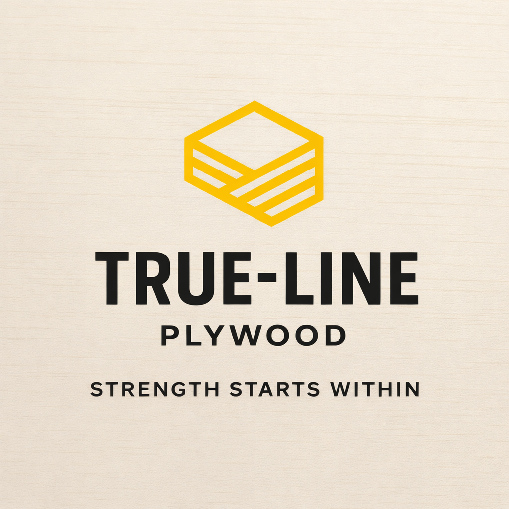 True-Line Plywood logo featuring a yellow geometric icon and bold black text stating 'TRUE-LINE PLYWOOD' with a tagline 'STRENGTH STARTS WITHIN' on a light wooden background.