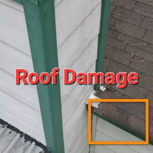 Close-up of damaged asphalt roof shingles showing wear, missing granules, and lifted tabs that may lead to leaks.