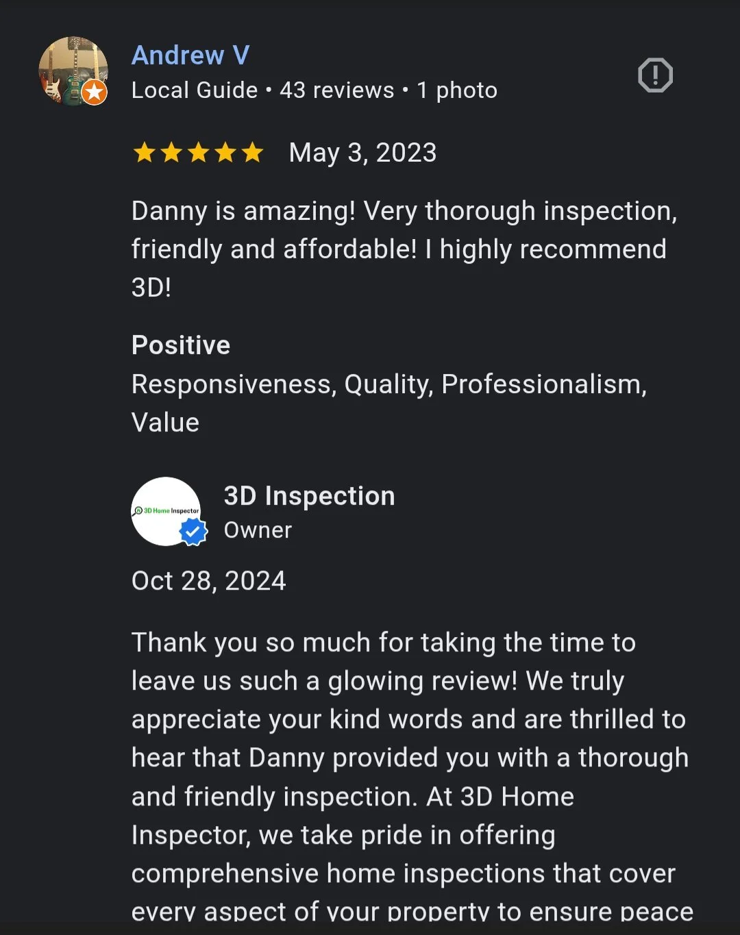 Google review graphic with five stars and text saying the home inspection was amazing and the inspector is highly recommended.