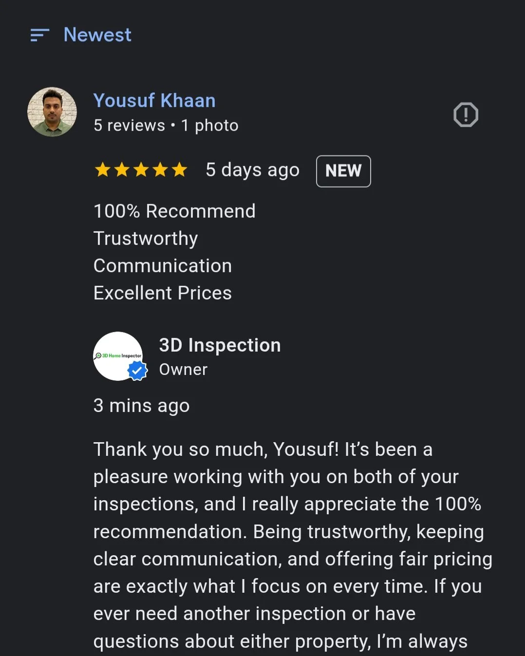 Graphic of a 100 percent recommended Google review with five stars and bulleted comments praising a detailed, professional home inspection.