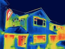 FLIR thermal image of a home’s exterior showing areas of heat loss around walls, windows, and roof in The Woodlands, Texas.