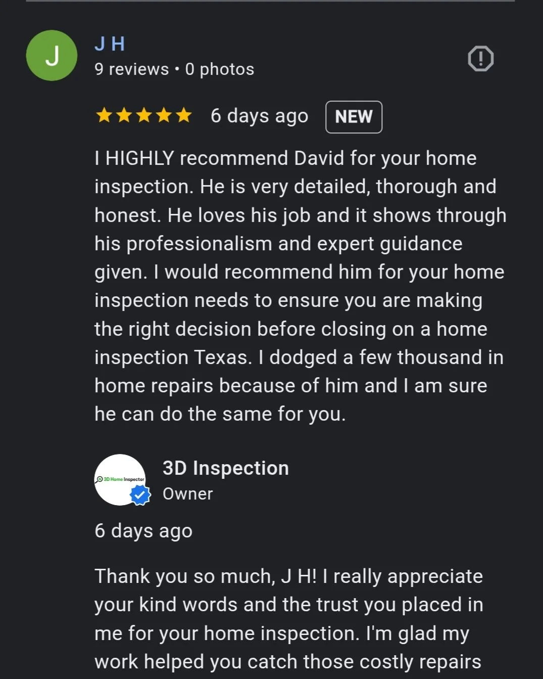 Google review graphic from a client saying the home inspection saved them thousands of dollars in unexpected repairs.