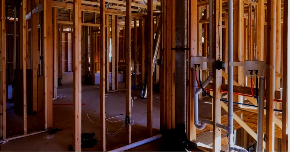 Hero image of a Phase 2 pre-drywall framing inspection with a subtle grey overlay, showing interior wall studs, ceiling joists, and mechanical rough-ins in a new construction home.
