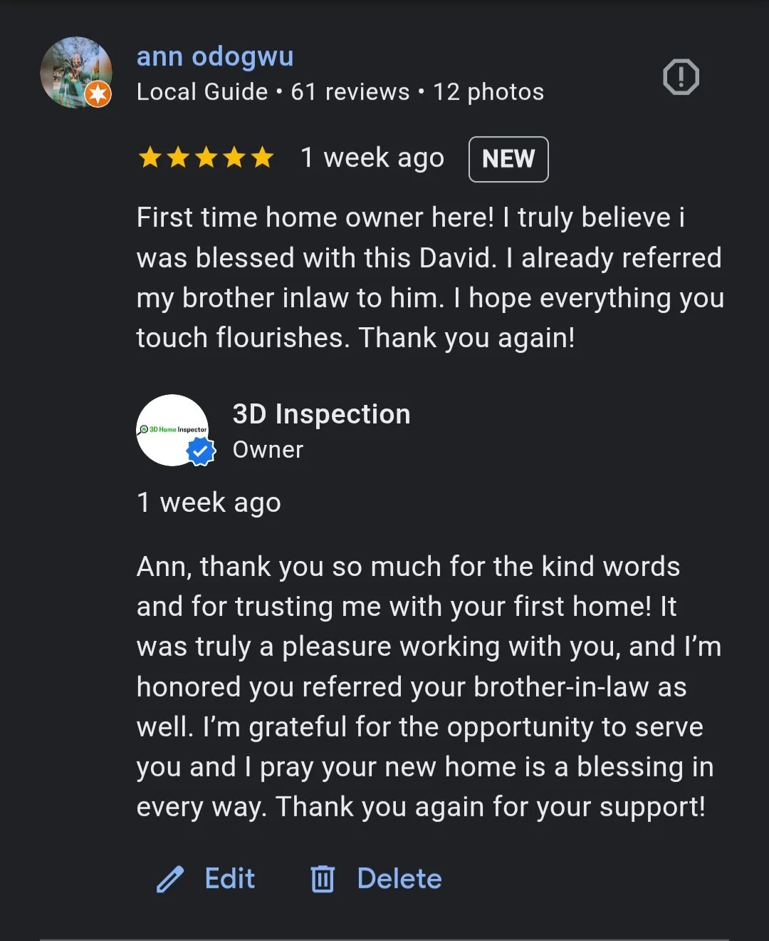 Google review graphic from a first-time home buyer praising a clear, detailed home inspection and recommending the inspector.
