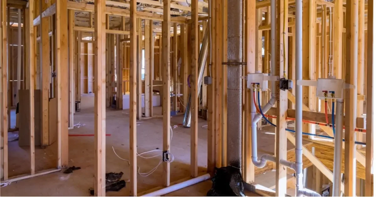 Bathroom MEP inspection photo showing rough-in plumbing, electrical boxes, wiring, and HVAC ducts in open stud walls before insulation and drywall are installed.