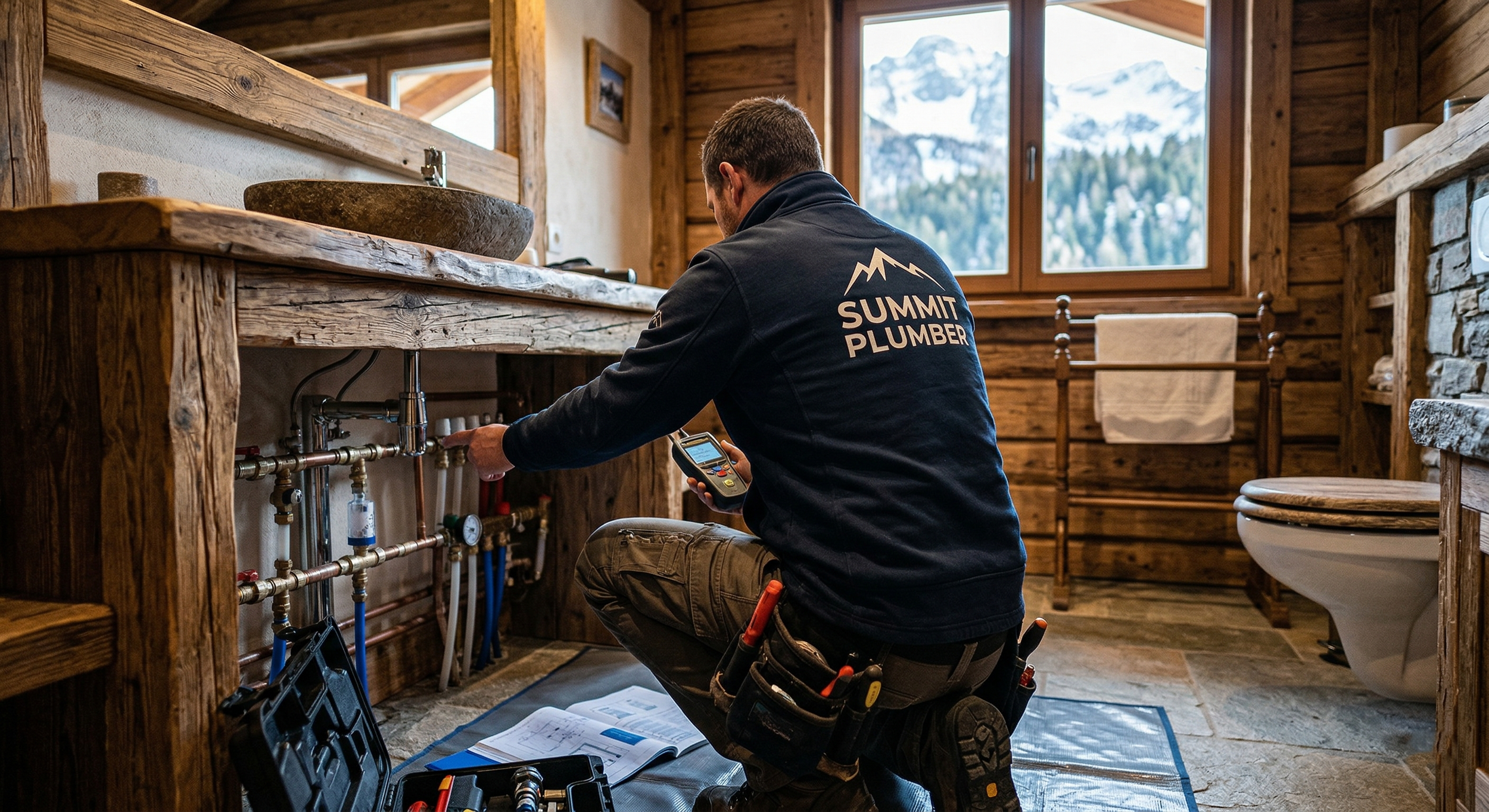 Intervention de maintenance technique par Summit Plumber dans une salle de bain de station de ski. Expertise et plomberie certifiée Brevet Fédéral.