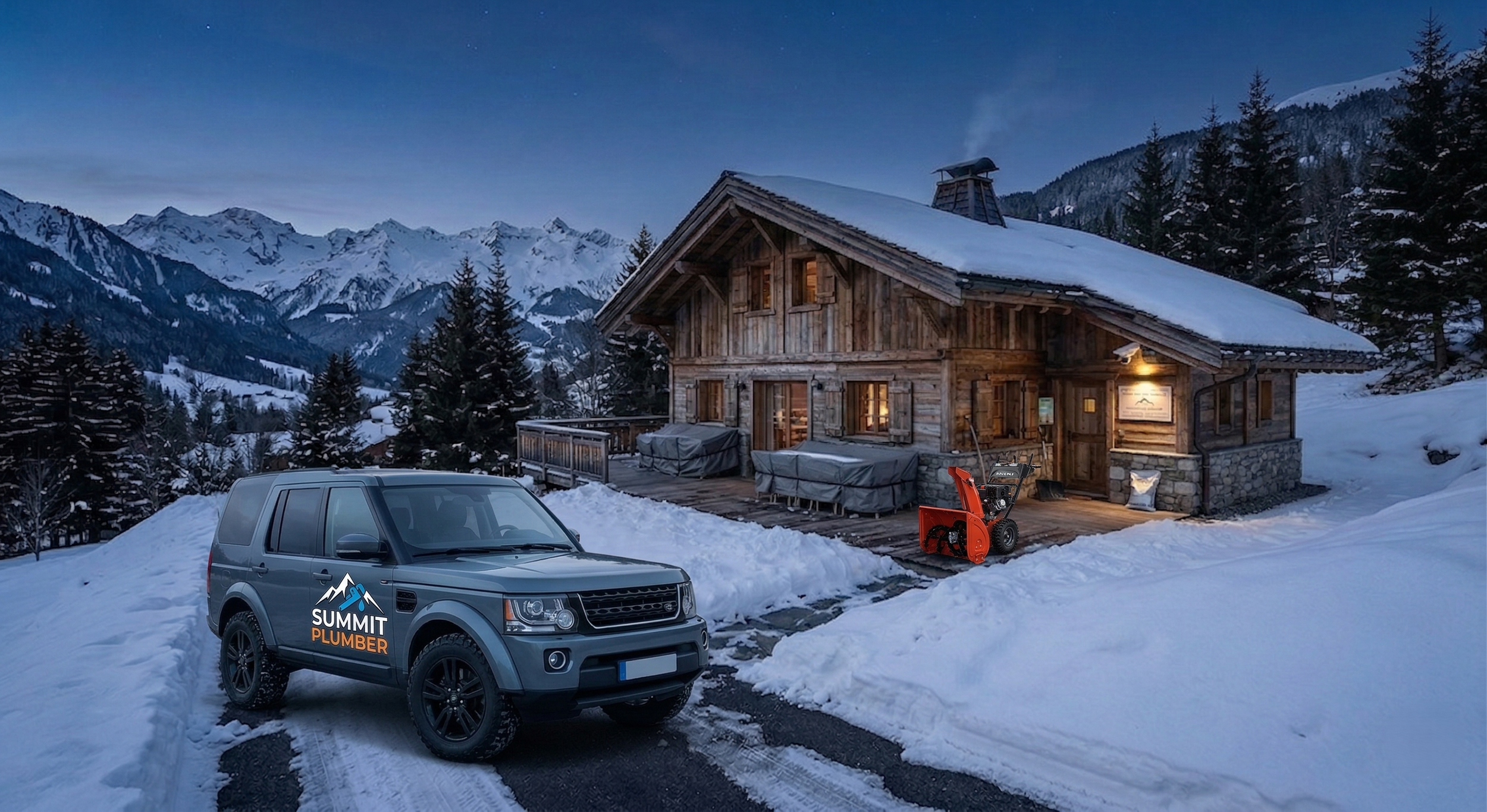 Véhicule d'intervention 4x4 Summit Plumber garé devant un chalet enneigé. Prêt pour le dépannage plomberie et chauffage 24/7 en vallée et stations (74).