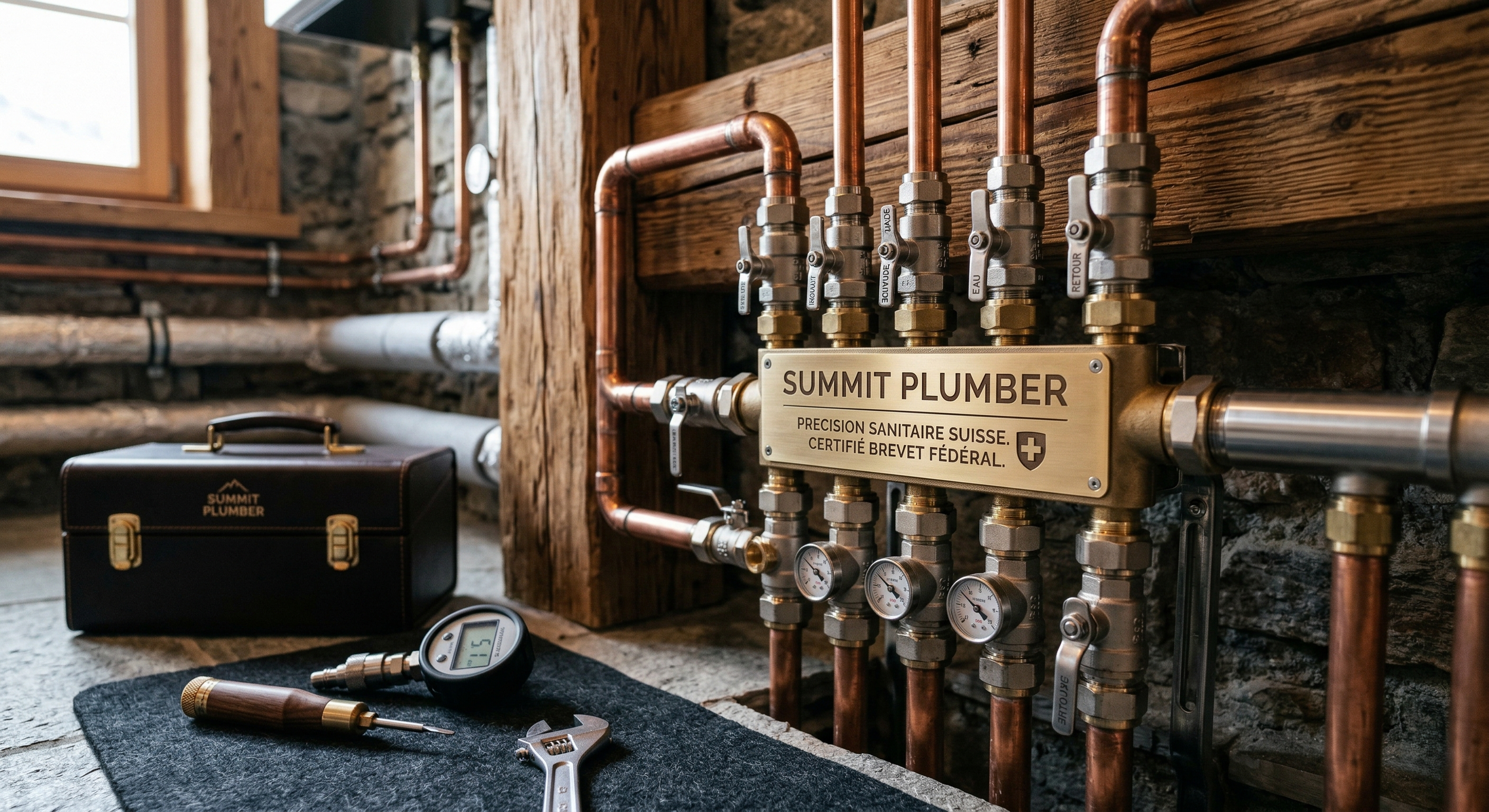 Un système de plomberie avec plusieurs tuyaux en cuivre, un panneau indiquant 'Summit Plumber' et des outils tels qu'un tournevis, une clé à molette, un thermomètre digital et une boîte à outils noir dans un cadre en bois, dans une pièce avec murs en pierre.