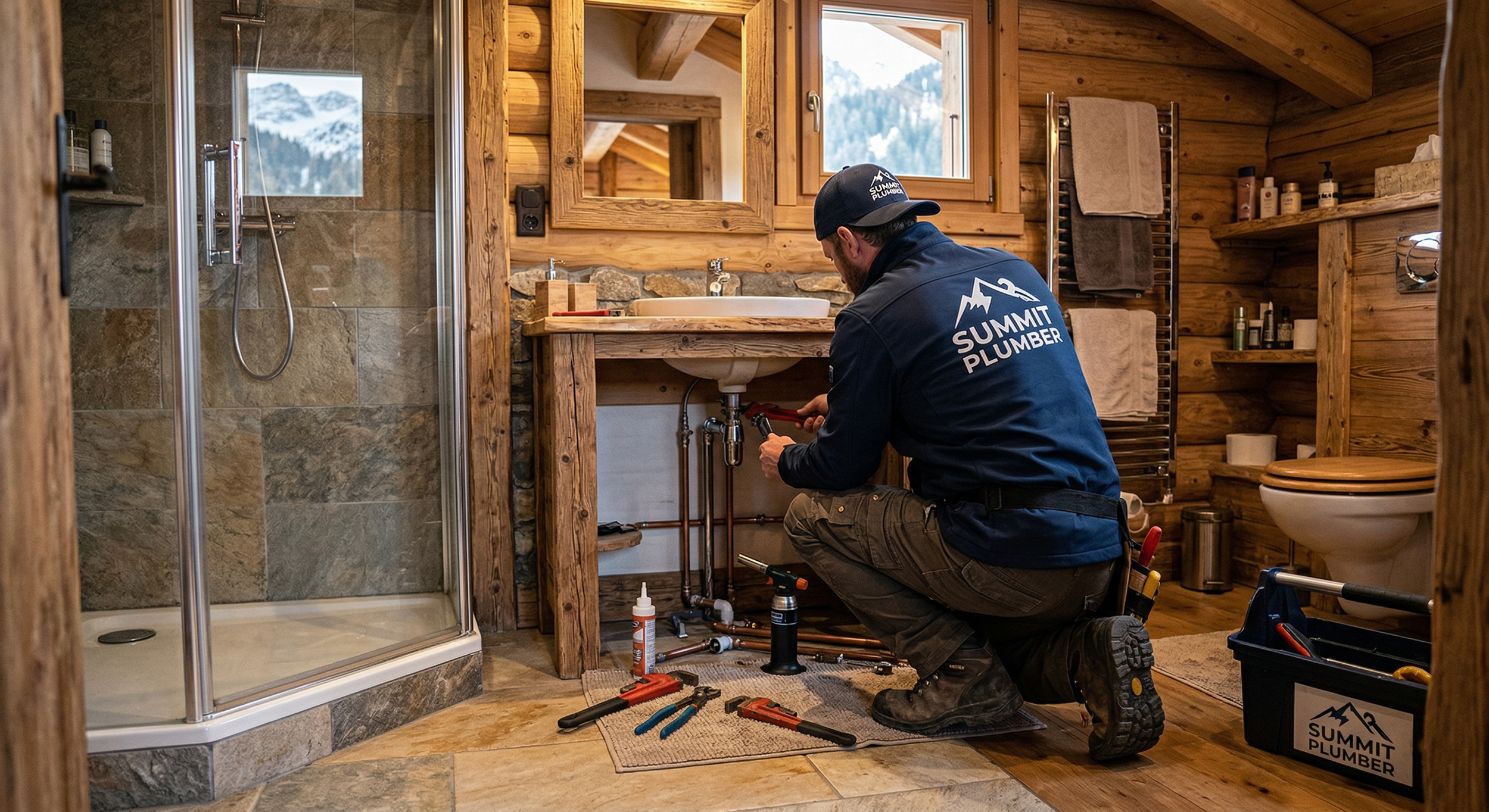 Artisan plombier Summit Plumber en pleine réparation d'urgence sous un lavabo dans un chalet en Haute-Savoie. Dépannage sanitaire rapide et soigné.
