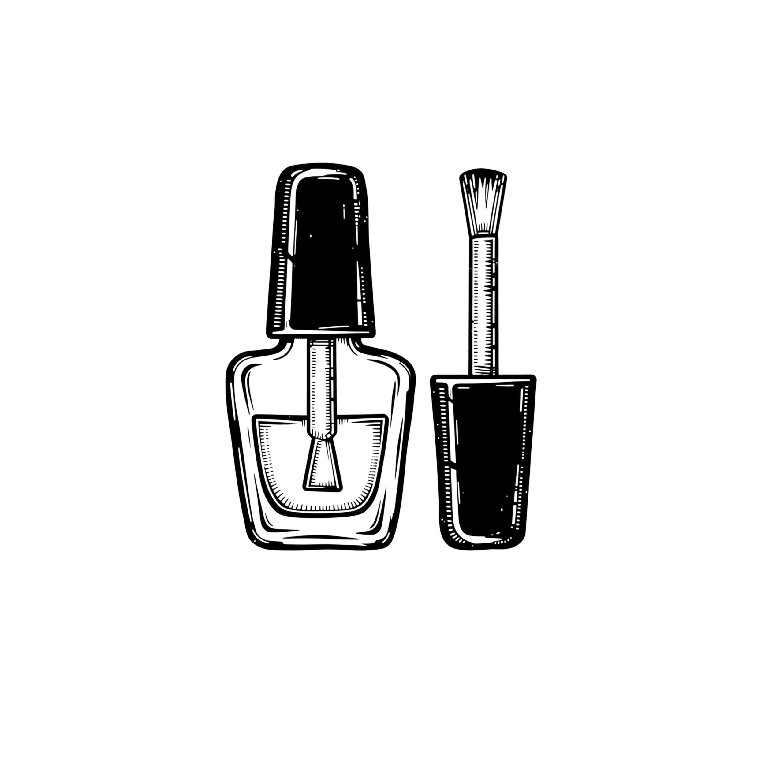 Line drawing of a black nail polish bottle and bottle brush.