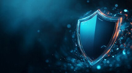 A digital illustration of a shield representing cybersecurity or protection, with a glowing blue background and light effects.