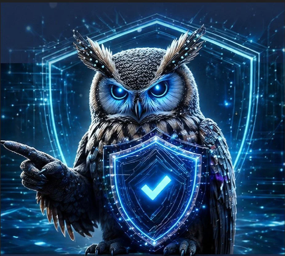 A futuristic digital illustration of an owl with glowing blue eyes, feathers resembling circuits, and a digital shield with a checkmark, surrounded by holographic elements and a binary code background.