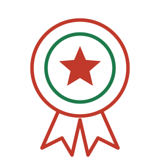 A badge with a red star in the center, surrounded by two concentric circles (red and green), and two ribbon tails at the bottom.