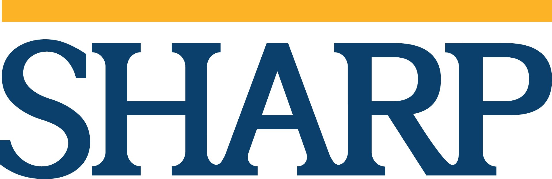 Close-up of a logo with the word 'SHARP' in dark blue letters on a white background, with a yellow stripe at the top.