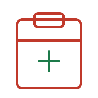 A medical clipboard with a green plus sign in the center.